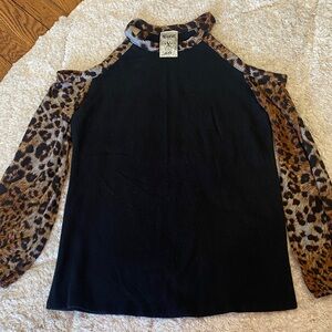 Vocal Black and Leopard Print Cold Shoulder Blouse